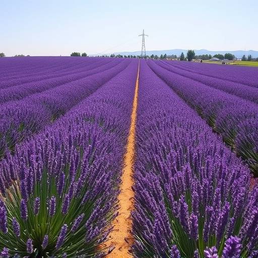 Champs de lavande en fleur avec des couleurs violettes intenses s'étendant à l'horizon.