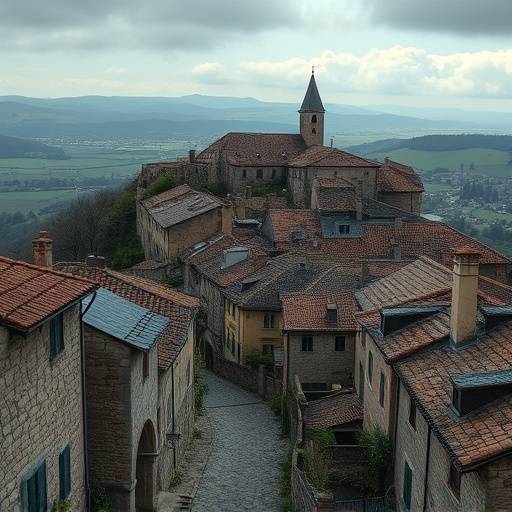 Ruelles pavées d'un village perché médiéval avec des maisons en pierre et des vues panoramiques.