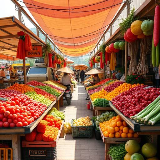 Un marché animé avec des étals colorés de fruits, légumes, et produits locaux.